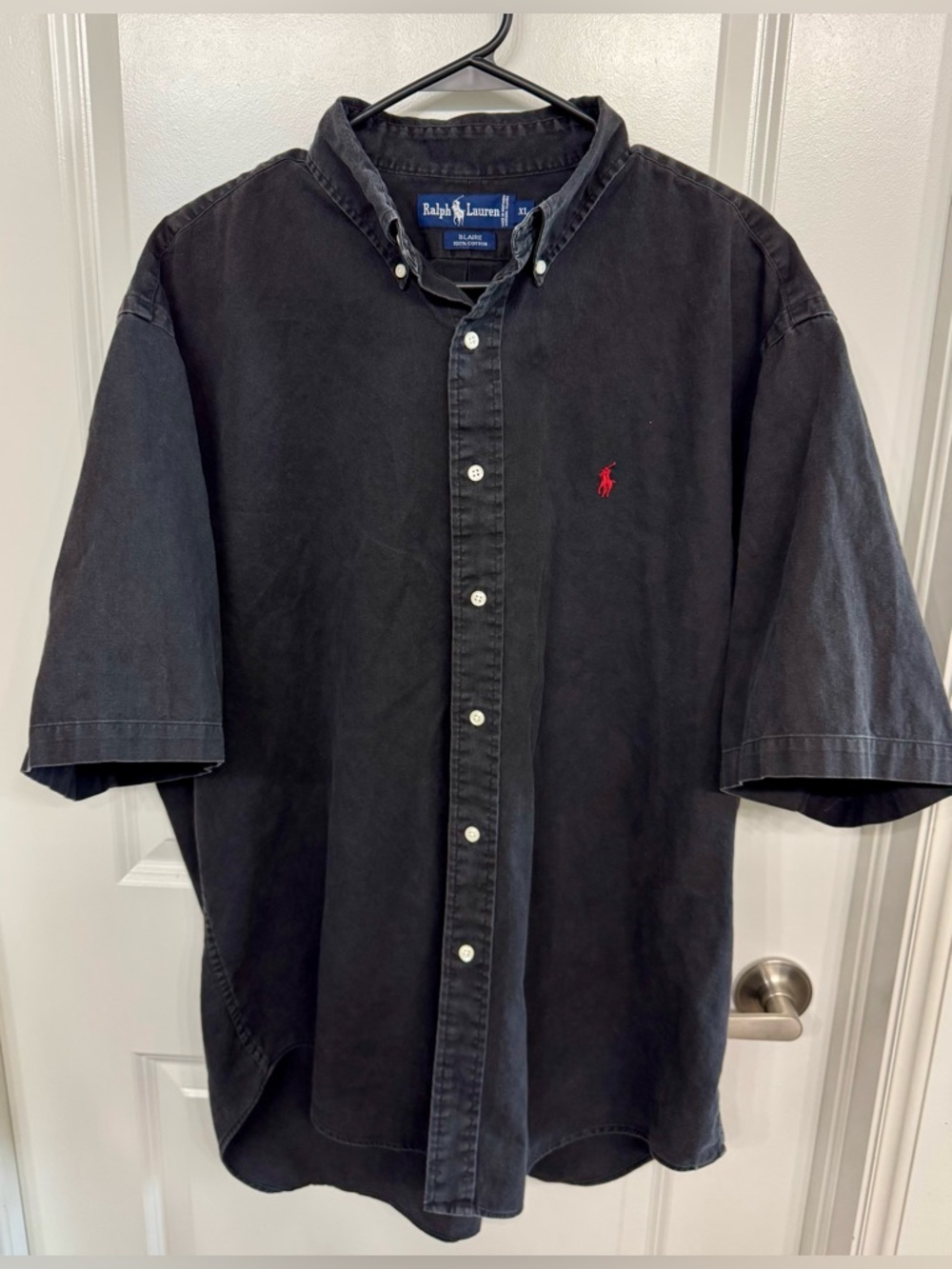 Vintage Ralph Lauren Black Short-Sleeve Button-Down Polo with Red Pony